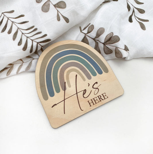 He's Here Baby Milestone Plaque - Blue Rainbow Series